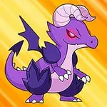 보라색과 어두운 보라색의 뿔이 있는 용 캐릭터가 주황색 배경 위에 있으며, 오른쪽 하단에 숫자 4가 있다