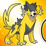 노란색과 검은색의 천둥을 연상시키는 개 형태의 캐릭터와 숫자 6이 오렌지색 배경 위에 있다