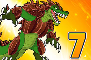 녹색 피부와 갈색 갑옷을 입은 괴물 악어가 숫자 7 옆에 서 있는 모습