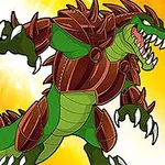 녹색 피부와 갈색 갑옷을 입은 괴물 악어가 숫자 7 옆에 서 있는 모습