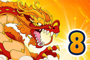 불타오르는 배경에 큰 숫자 8 옆에 날카로운 이빨과 갈기를 가진 화려한 붉은 용이 등장하는 이미지