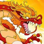 불타오르는 배경에 큰 숫자 8 옆에 날카로운 이빨과 갈기를 가진 화려한 붉은 용이 등장하는 이미지