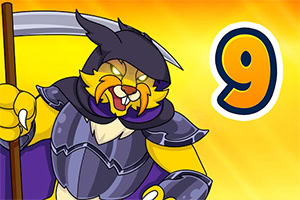 황금 배경 앞에 낫을 든 갑옷 입은 호랑이 캐릭터와 숫자 9