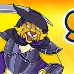 황금 배경 앞에 낫을 든 갑옷 입은 호랑이 캐릭터와 숫자 9