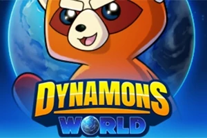 귀여운 만화 스타일의 동물 캐릭터와 DYNAMONS WORLD라는 텍스트가 지구 이미지를 배경으로 배치된 모습