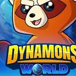 귀여운 만화 스타일의 동물 캐릭터와 DYNAMONS WORLD라는 텍스트가 지구 이미지를 배경으로 배치된 모습