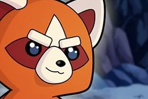 오렌지색 레서판다 캐릭터가 눈이 큰 만화 스타일로 그려져 있으며, 배경에는 바위와 어두운 하늘이 있다
