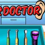 만화 스타일의 귀 모양 아이콘과 다양한 의료 도구들이 있는 이미지