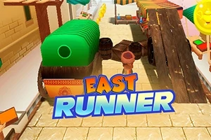 알록달록한 시장 거리에서 장애물을 피하며 달리는 캐릭터와 EAST RUNNER라고 적힌 텍스트