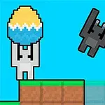 픽셀 아트 스타일로, 흰색 캐릭터가 부활절 달걀을 들고 있고, 검은색 기계 형상이 공중에 떠 있는 장면