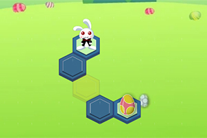 초록색 배경에 육각형 타일 패턴 위에 토끼와 당근이 있는 이미지