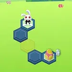 초록색 배경에 육각형 타일 패턴 위에 토끼와 당근이 있는 이미지