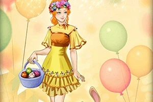 꽃으로 장식된 머리띠를 쓴 여성이 노란 드레스를 입고 파스텔 색상의 풍선들 사이에 서 있으며, 과일이 든 바구니를 들고 있다