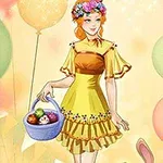 꽃으로 장식된 머리띠를 쓴 여성이 노란 드레스를 입고 파스텔 색상의 풍선들 사이에 서 있으며, 과일이 든 바구니를 들고 있다