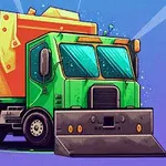 녹색과 주황색의 만화 스타일 쓰레기 트럭 그림