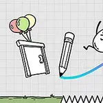 알림을 받은 깜짝 놀란 얼굴의 캐릭터가 색이 변하는 선 위로 점프하고 있으며, 왼쪽에는 연필과 공중에 떠 있는 풍선이 매달린 가구가 있으며, 아래쪽에는 가시들이 줄지어 놓여 있습니다