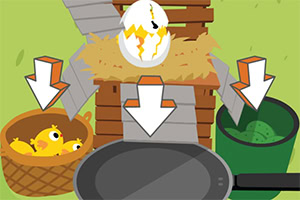 깨진 알과 병아리, 프라이팬, 그리고 화살표가 있는 만화 스타일의 그림