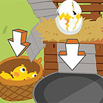 깨진 알과 병아리, 프라이팬, 그리고 화살표가 있는 만화 스타일의 그림