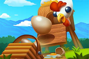 큰 닭이 있는 나무 둥지에서 계란이 떨어지는 장면