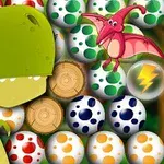 초록색 공룡과 분홍색 익룡이 색색의 알들 앞에 서 있는 장면