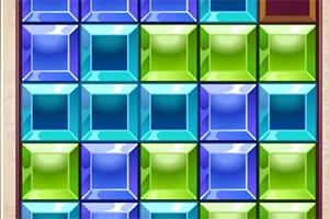 파란색, 청록색, 녹색으로 구성된 빛나는 보석 모양의 블록들이 격자 형태로 배열되어 있는 이미지