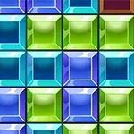 파란색, 청록색, 녹색으로 구성된 빛나는 보석 모양의 블록들이 격자 형태로 배열되어 있는 이미지