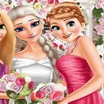 세 명의 여성 캐릭터가 화려한 꽃 장식 앞에서 화려한 드레스를 입고 미소를 지으며 각각 꽃다발을 들고 있다