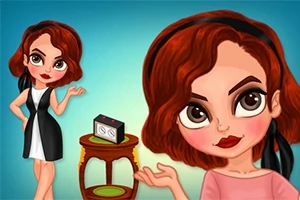 큰 눈에 단발머리를 한 두 명의 애니메이션 여성, 한 명은 검은 드레스를 입고 손을 들어 포즈를 취하고 있으며, 작은 테이블 위에는 체스 시계가 놓여 있다