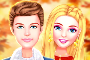 두 명의 인형 같은 캐릭터가 가을 배경 앞에 서 있는 모습