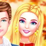 두 명의 인형 같은 캐릭터가 가을 배경 앞에 서 있는 모습