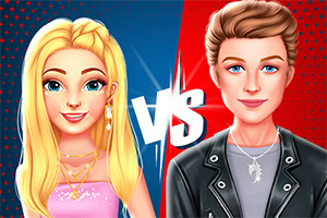 금발 여성과 갈색 머리 남성이 각각 왼쪽과 오른쪽에 서서 VS 글자 사이에 위치한 이미지