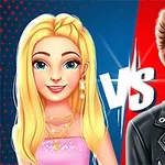 금발 여성과 갈색 머리 남성이 각각 왼쪽과 오른쪽에 서서 VS 글자 사이에 위치한 이미지