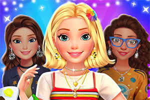 세 명의 여성이 밝고 화려한 배경 앞에 서 있으며, 각기 다른 스타일의 의상을 입고 있다