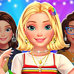 세 명의 여성이 밝고 화려한 배경 앞에 서 있으며, 각기 다른 스타일의 의상을 입고 있다