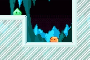 초록색 슬라임과 주황색 슬라임이 얼음처럼 보이는 배경에 위치해 있는 픽셀 아트 이미지