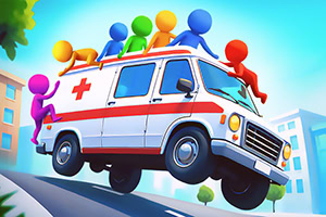 구급차 위에 다채로운 색상의 사람들이 타고 있는 장면