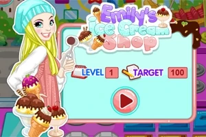 금발의 소녀가 아이스크림 기계를 들고 있는 만화 스타일의 이미지, 상단에 Emilys Ice Cream Shop이라는 제목과 LEVEL 1 TARGET 100 텍스트가 포함되어 있습니다