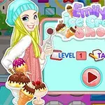 금발의 소녀가 아이스크림 기계를 들고 있는 만화 스타일의 이미지, 상단에 Emilys Ice Cream Shop이라는 제목과 LEVEL 1 TARGET 100 텍스트가 포함되어 있습니다