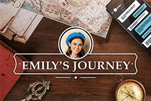 테이블 위에 지도, 나침반, 스마트폰과 함께 놓인 여성의 사진과 Emilys Journey라는 텍스트