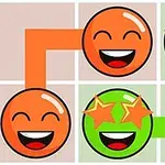 주황색과 초록색 별눈 이모지가 그리드 위에 배치되어 있고, 색깔이 일치하는 경로로 연결되어 있는 이미지