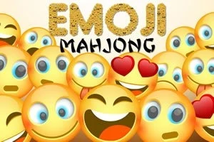 노란색 이모지들이 다양한 표정을 짓고 있으며, 상단에 반짝이는 글씨로 EMOJI MAHJONG이 써져 있다