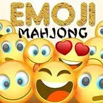 노란색 이모지들이 다양한 표정을 짓고 있으며, 상단에 반짝이는 글씨로 EMOJI MAHJONG이 써져 있다