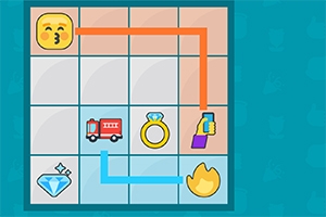 그리드에 다양한 이모티콘과 아이콘들이 배치되어 있으며, 일부 아이콘은 색깔 있는 선으로 연결되어 있습니다