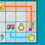 그리드에 다양한 이모티콘과 아이콘들이 배치되어 있으며, 일부 아이콘은 색깔 있는 선으로 연결되어 있습니다