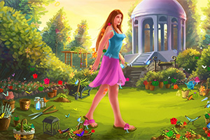 화려한 정원에서 긴 머리의 여성이 파란색 셔츠와 분홍색 치마를 입고 걷고 있으며, 주변에 나무와 꽃, 온실 같은 건물이 있습니다