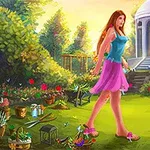 화려한 정원에서 긴 머리의 여성이 파란색 셔츠와 분홍색 치마를 입고 걷고 있으며, 주변에 나무와 꽃, 온실 같은 건물이 있습니다