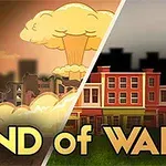 전반적으로 황폐화된 도시와 버섯구름, 그리고 밝은 배경의 복구된 도시 모습이 나뉘어 나타나 있으며, END of WAR라는 텍스트가 포함된 이미지