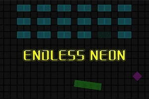 검은 격자 무늬 배경에 노란색 네온 문자로 ENDLESS NEON이 쓰여 있고, 청록색 블록과 녹색 및 보라색 도형이 포함되어 있습니다