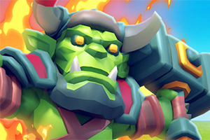 녹색 피부에 커다란 망치를 든 오크 전사가 불타는 배경 앞에 서 있다