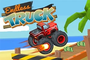 해변을 배경으로 빨간 몬스터 트럭이 발사되는 모습